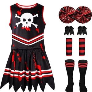Kids Pirate Cheerleader Costume in Black and Red - 7-Piece Set